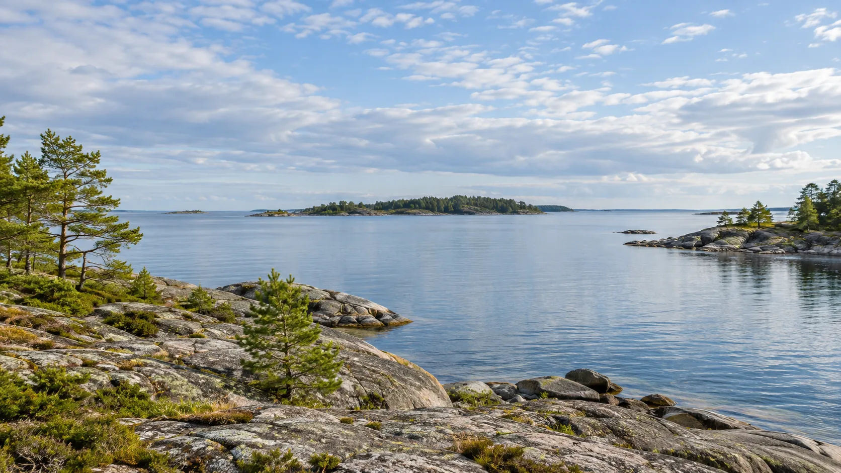 A quiet northern coastline with forest, small islands and open water